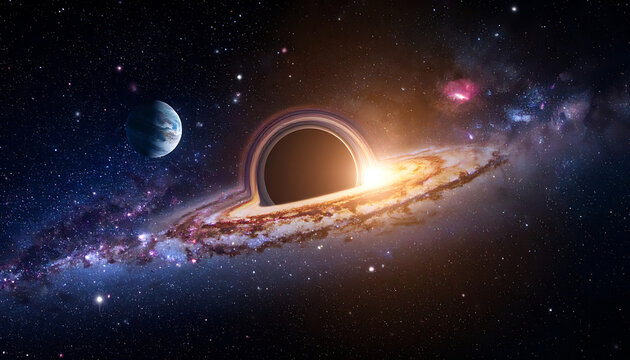 Pixelated black hole with accretion disk and orbiting planet in vast starry galaxy, outer space, cosmic phenomenon