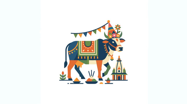 Decorated Indian Cow with Festive Temple and Bunting Illustration