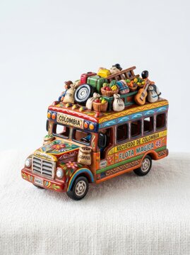 Colorful Colombian chiva bus miniature with luggage and people on roof. Traditional wooden folkloric toy vehicle reflecting South American culture. Decorative souvenir from Colombia.