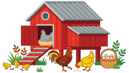 Red wooden chicken coop with poultry family outside in green grass under bright sunny sky scene. © MdJubayer