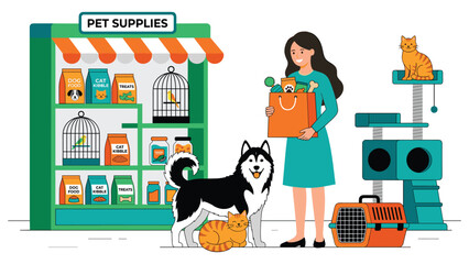 Smiling woman shopping for pet supplies with large husky dog and orange cats in colorful store. © MdJubayer