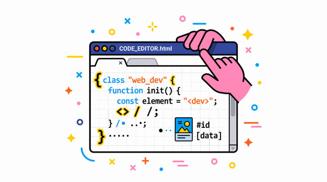 Creative Digital Coding Illustration Showing a Hand Interacting with Code Editor