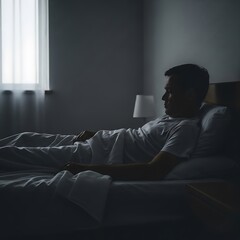 Fototapeta premium Man lying awake in a dark bedroom, experiencing insomnia or deep thought at night.