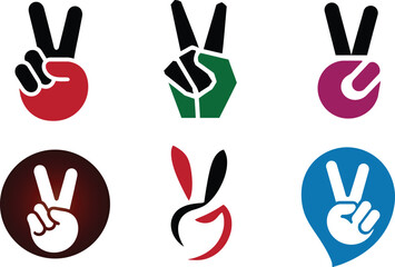 Fototapeta premium Collection of six peace hand gesture icon designs featuring victory signs, positive hand symbols