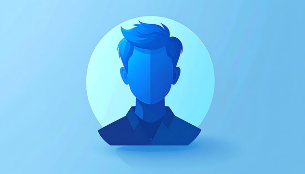 Pixelated silhouette of a man's head and shoulders, blue gradient profile icon on a light blue background with soft shadow
