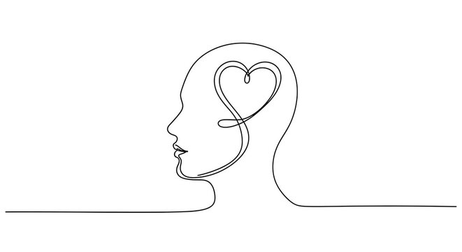 A continuous line drawing of a human head in profile with a heart shape inside, symbolizing mind and emotion connection.