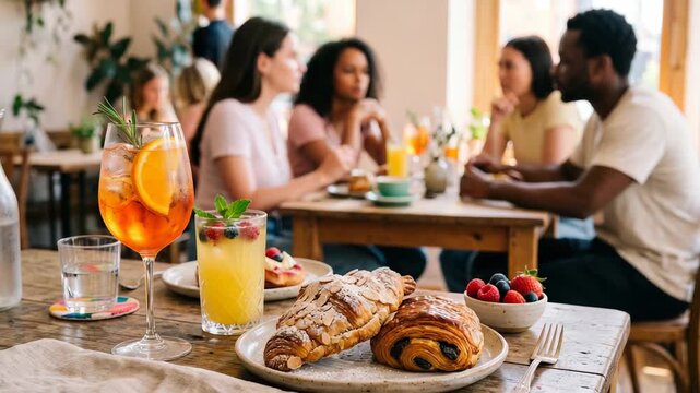 Group of friends at a cafe table enjoying brunch with pastries and cocktails. Diverse people relaxing in a bistro with orange spritz drinks and breakfast food for a weekend social dining event