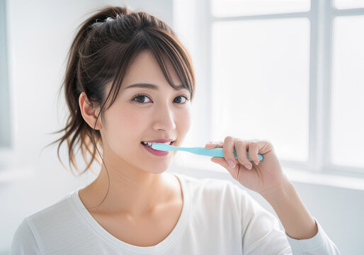 歯磨きする若い女性