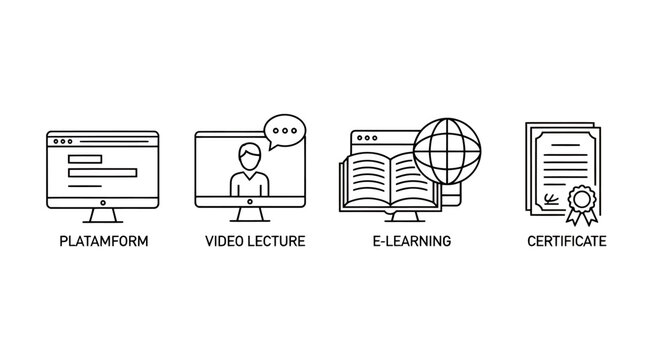 Online learning concept represented by platform, video lecture, and certificate icons illustrating digital education resources and e-learning pathways.