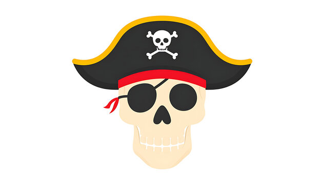 Pixel art pirate skull wearing a tricorn hat with a skull and crossbones emblem, red bandana, and eye patch