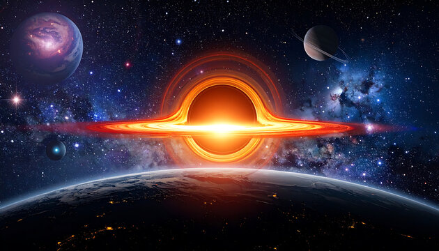 Pixel art black hole in deep space, pulling in planets and stars, cosmic energy, science fiction concept