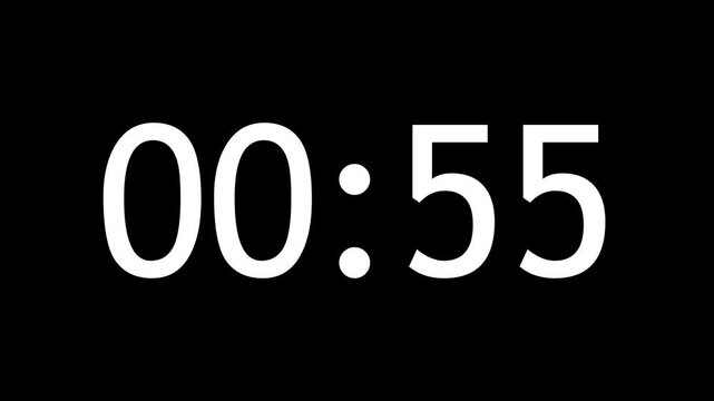 Digital countdown timer showing 55 seconds, white numeric clock display on black background, minimalist time measurement interface for video editing
