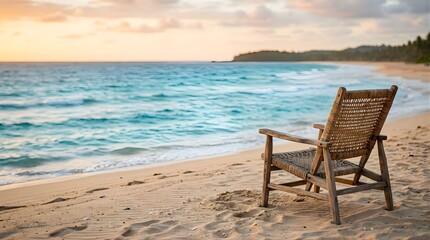 Fototapeta premium Empty wooden chair on sand beach facing turquoise ocean at sunset