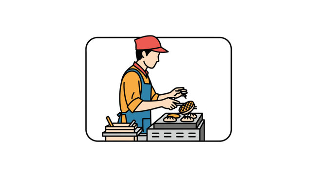 Chef cooking burgers on a grill, fast food preparation, street food vendor serving customers