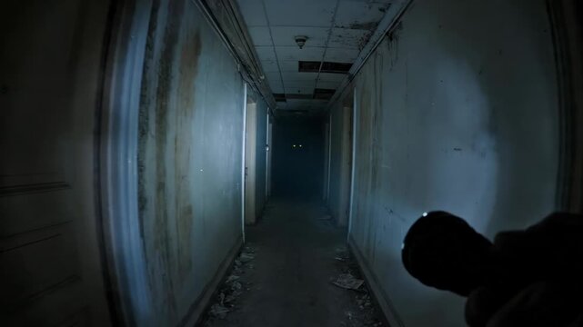 Man explores dark abandoned hospital corridor with flashlight. Scary in the shadows. Eerie hallway scene during Halloween night for thriller suspense horror project