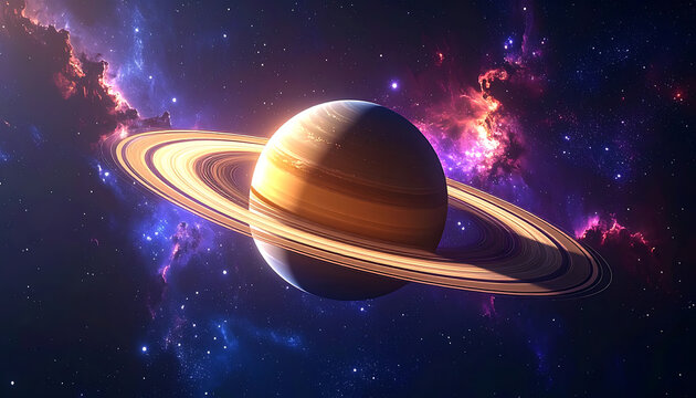 Pixel art planet Saturn with rings floating in a colorful nebula, outer space, cosmic background, science fiction