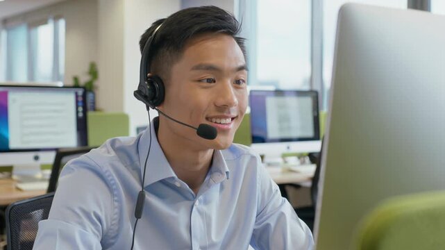 Asian man working as a customer service representative. Young male operator wearing headset talking to client on computer