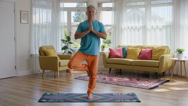 Mature man practicing tree pose on yoga mat. Caucasian guy doing yoga balance exercise in living room. Healthy lifestyle fitness workout
