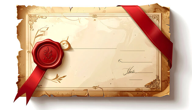 Old parchment certificate with red ribbon and wax seal, award document blank space, vintage diploma scroll
