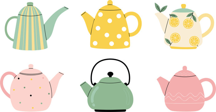 Teapot Collection Vector Illustration with Decorative Kettles in Vintage and Modern Styles for Kitchen Design, Tea Time, and Home Decor GraphicsTeapot Collection Vector Illu