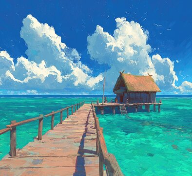 Wooden pier leads to hut over turquoise sea, puffy clouds fill the blue sky