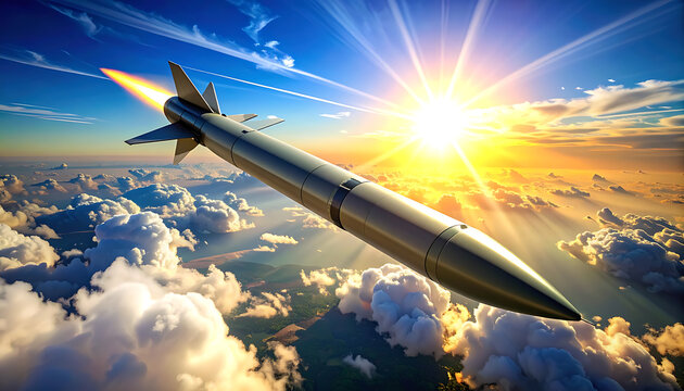 Missile launching into the sky with sunbeams and clouds, military aviation, aerospace, defense concept