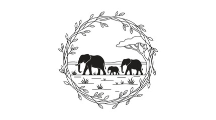 Elephant Family Silhouette in Circular Wreath Frame, African Savannah Landscape © sumi yati