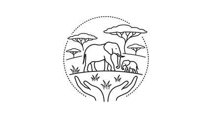 Elephant Family Silhouette in Circle with Hands, African Safari Landscape Line Art © sumi yati