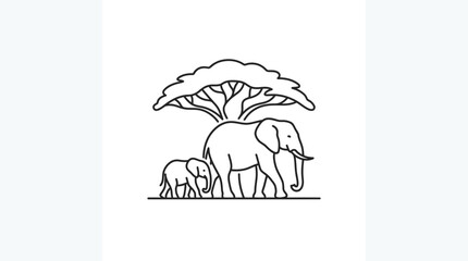 Elephant family walking under acacia tree, safari line art illustration © sumi yati