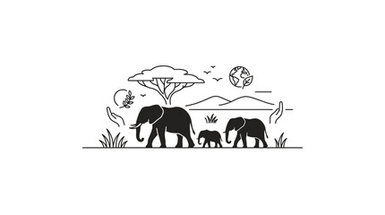 Elephant Family Silhouette on African Savannah with Earth Icon © sumi yati
