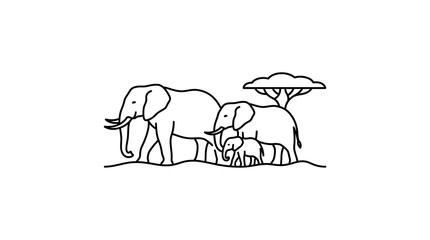 Elephant Family Silhouette Line Art Safari African Savanna Tree © sumi yati