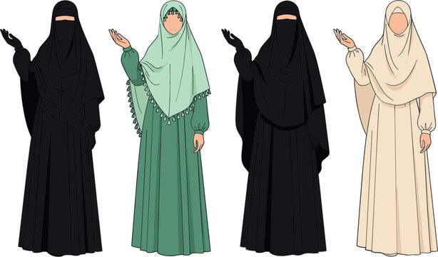 Muslim Women Abaya and Niqab Vector Illustration Set with Modest Fashion Styles in Different Colors for Cultural Clothing Design, Islamic Wear, and Traditional Outfit GraphicsMuslim Women Abay