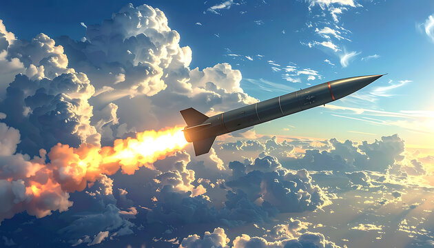 Pixel art rocket launch ascending into dramatic cloudy sky at sunset, fiery exhaust trail, digital illustration