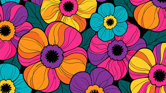 Retro Seventies Floral Seamless Pattern with Vibrant Psychedelic Colors