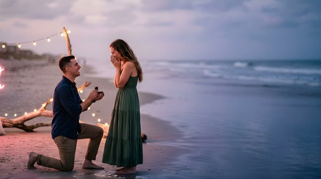 Man proposing marriage to woman on beach at twilight with string lights