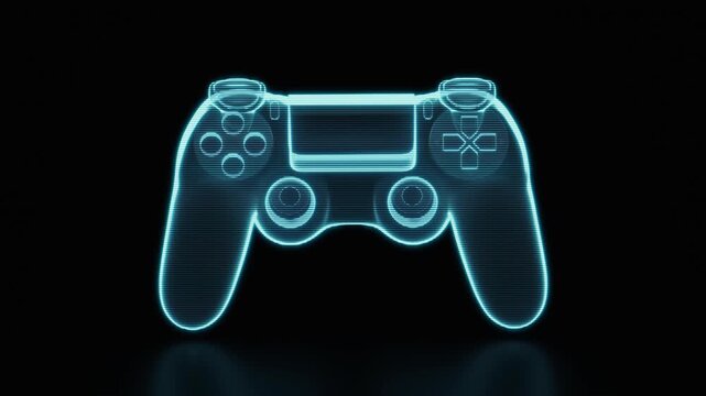 Holographic game controller spinning, illuminated outline of a modern gaming gamepad for video game concepts.