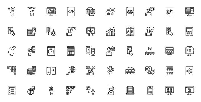 User Experience icon pack. Minimal line vector icons. Featuring review, data analysis, coding, interaction, process, feedback, layout, analysis, responsiveness, security, and more.
