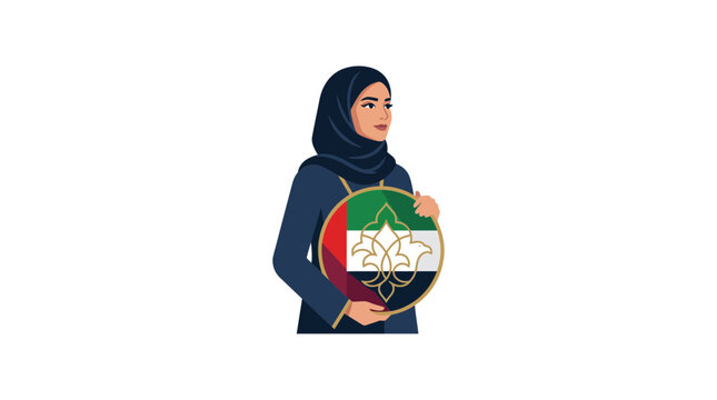 Emirati Woman Holding UAE Flag Emblem