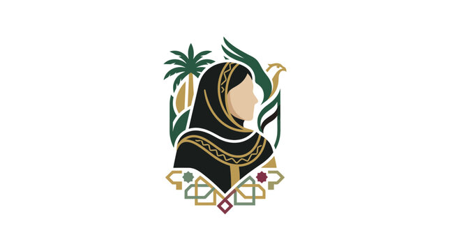 Emirati Woman Illustration with Traditional Elements and Geometric Patterns