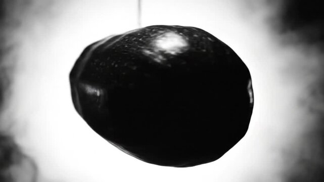Black and white close-up of a dark, oblong vegetable hanging suspended in front of an illuminating light
