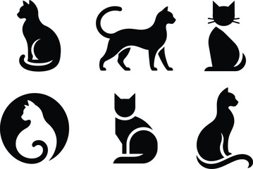 Collection of six cat icon designs featuring elegant feline silhouettes, pet-inspired graphics, minimalist animal concepts, © Netsolbiz