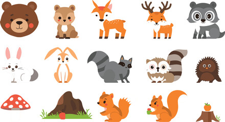 Fototapeta premium Cute Woodland Forest Animals Clipart Vector Set Featuring Baby Bear Fox Deer Raccoon Squirrel and Nature Elements for Children Nursery Sticker Designs