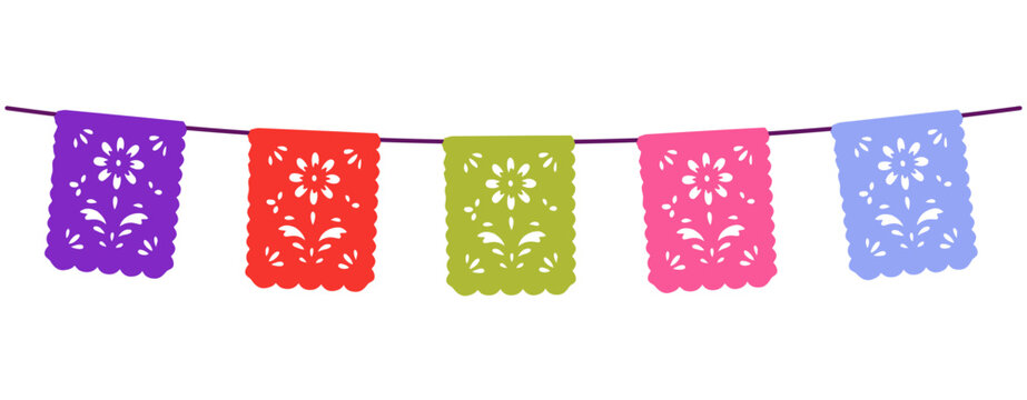 Colorful paper banners with floral cutouts hanging on purple string against white background, papel picado, mexican decorations, festive
