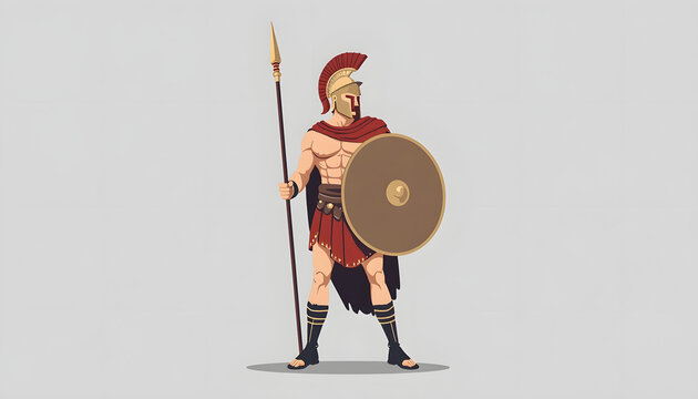 Ancient Greek Spartan warrior illustration with spear and shield. 