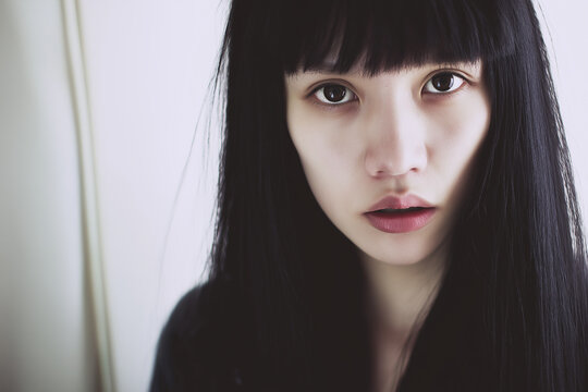 女性, 若い女性, 黒髪, 長い髪, アジア人, ポートレート, 美しい女性, 魅力的, 真剣な表情, クローズアップ, ミステリアス, 不気味, 静けさ, 優雅, エモーショナル, ダークな雰囲気, ドラマチック, ホラー, 幽霊, 怖い顔, 超自然的, 怪談, 恐怖感, 不安感, 闇, 緑背景, モノクローム調, ソフトフォーカス, シンプル背景, 正面ショット, 対称性, アート写真, 孤独