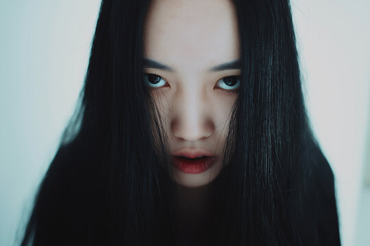 女性, 若い女性, 黒髪, 長い髪, アジア人, ポートレート, 美しい女性, 魅力的, 真剣な表情, クローズアップ, ミステリアス, 不気味, 静けさ, 優雅, エモーショナル, ダークな雰囲気, ドラマチック, ホラー, 幽霊, 怖い顔, 超自然的, 怪談, 恐怖感, 不安感, 闇, 緑背景, モノクローム調, ソフトフォーカス, シンプル背景, 正面ショット, 対称性, アート写真, 孤独