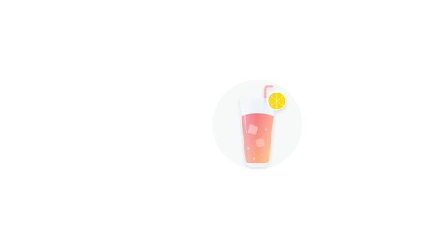 Minimalist Flat Design Animation of a Refreshing Pink Cocktail with Lemon and Ice on White Background