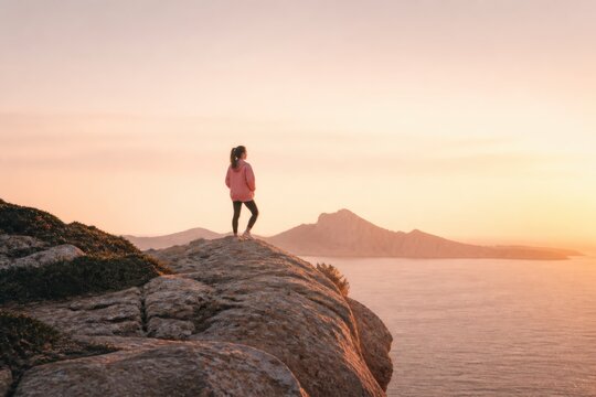 Woman standing on rocky cliff above sea at sunrise with wide copy space