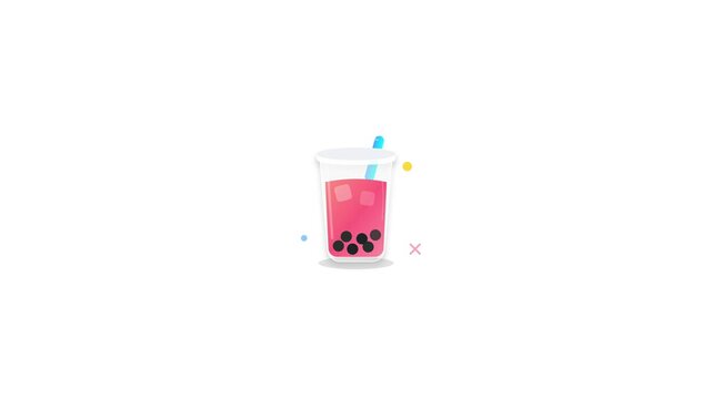 Minimalist 2D Animated Pink Bubble Tea with Black Tapioca Pearls and Blue Straw on White Background