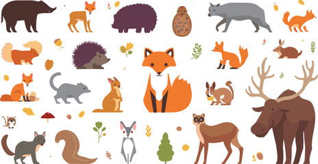 Minimalist Woodland Wildlife and Forest Animals Clipart Vector Set Featuring Red Fox, Moose, Bear, Squirrel, and Hedgehog for Nature Layouts and Kids Patterns © rumi